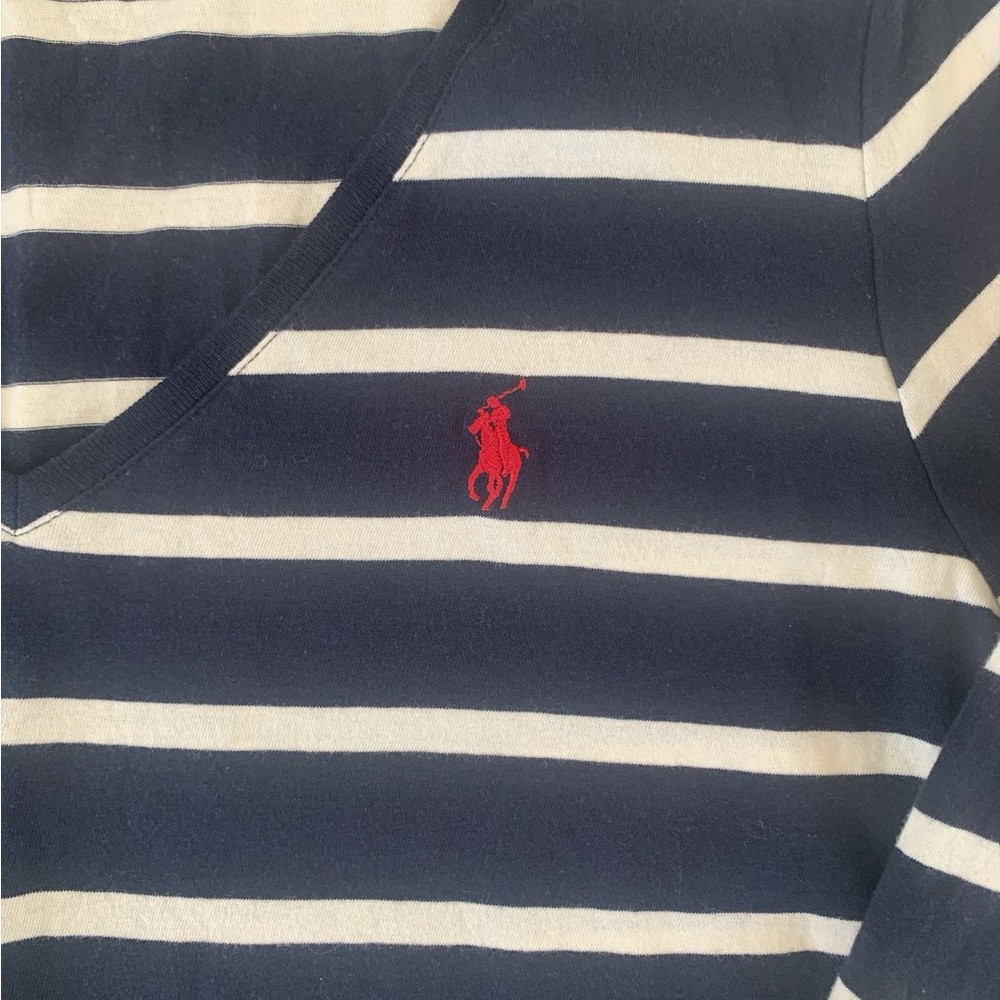 Polo Ralph Lauren Navy & White Striped V-Neck Long Sleeve Top XL - Picture 3 of 6